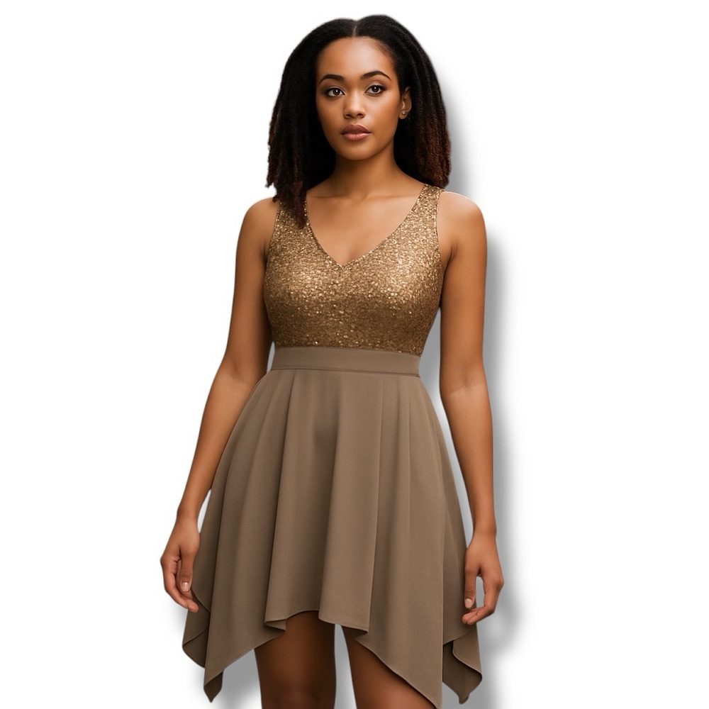 Sequin Embellished Venus Womens Dress V-Neck Sleeveless Khaki & Gold A-Line US S